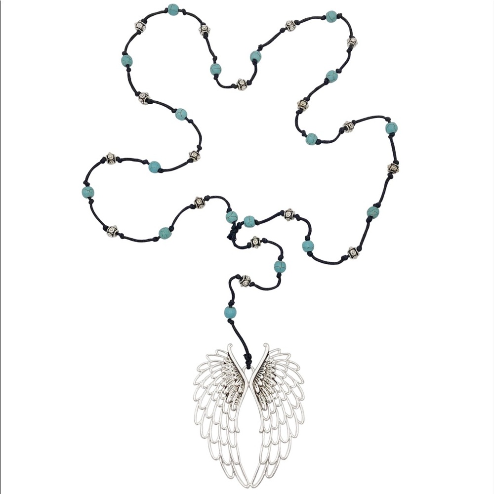 Angel Heart Wings Turquoise Beaded Long Necklace
